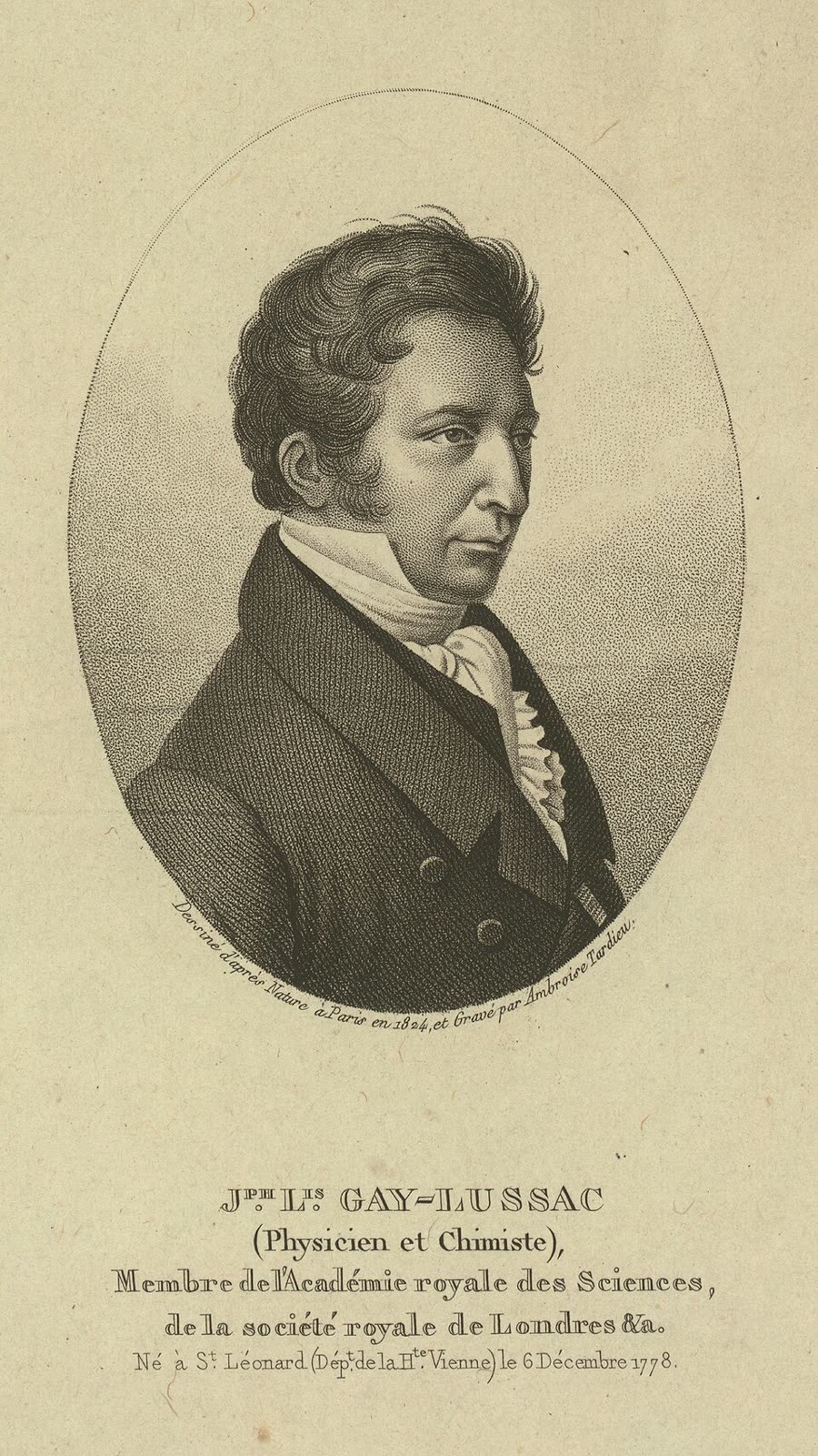 An engraved portrait of Joseph Louis Gay-Lussac in a high-collared coat, facing slightly left.