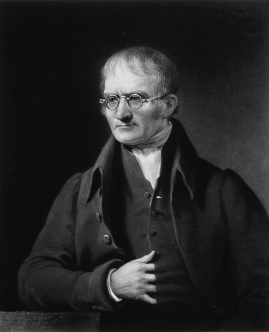 A mezzotint portrait of John Dalton, seated in dark Quaker dress, facing slightly right.