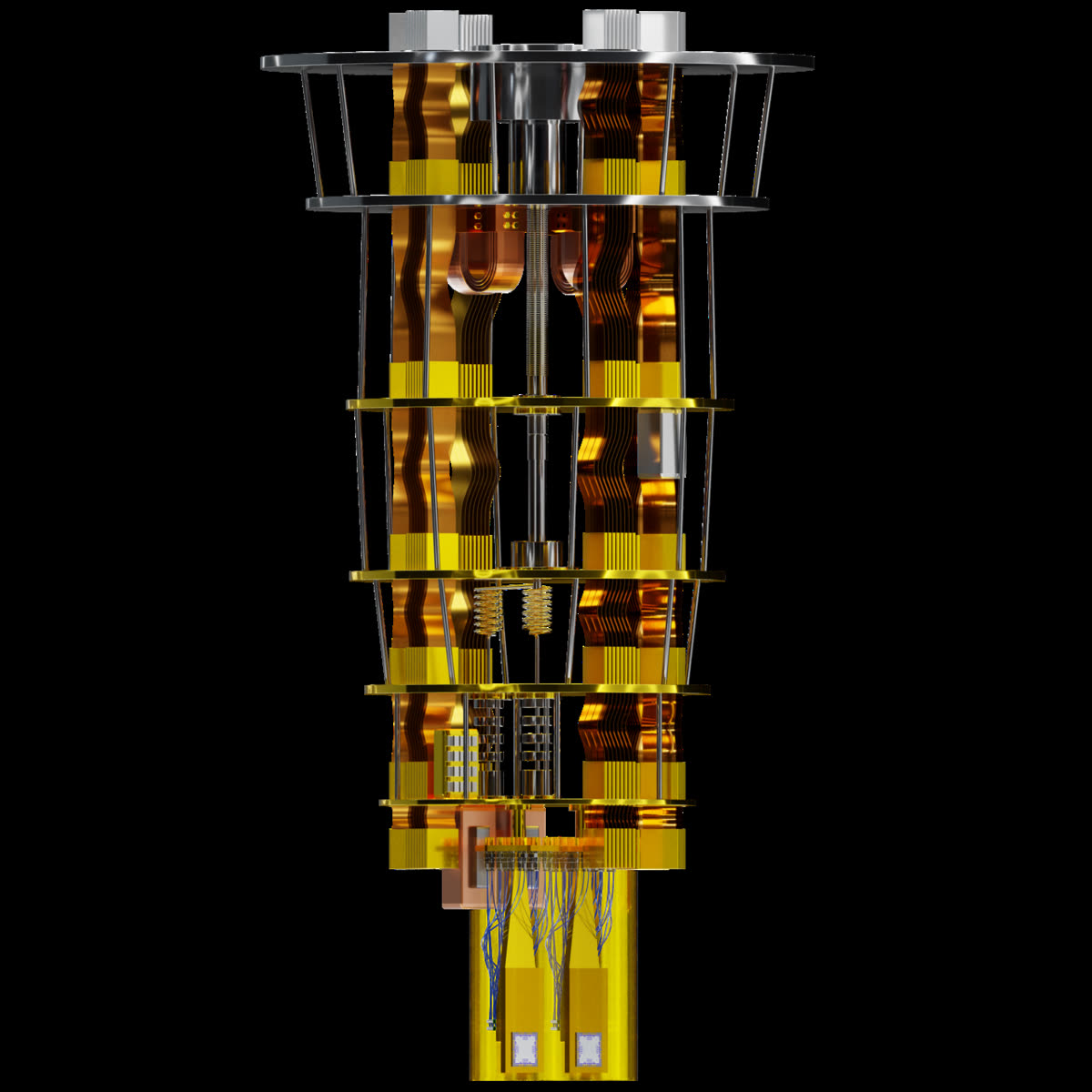 A dilution refrigerator with quantum processors enclosed, layered copper and gold stages.
