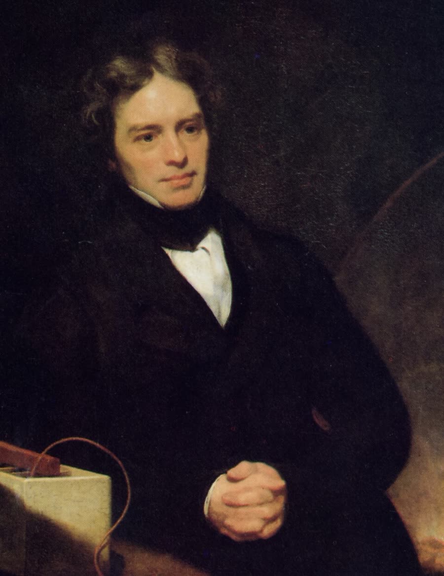 Thomas Phillips’s 1842 oil portrait of Michael Faraday, in a dark coat with a high white collar, facing slightly right against a dark ground.