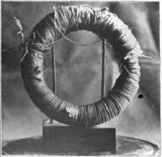 Faraday’s induction ring: a thick iron ring with two separate coils of insulated wire wound on opposite sides.