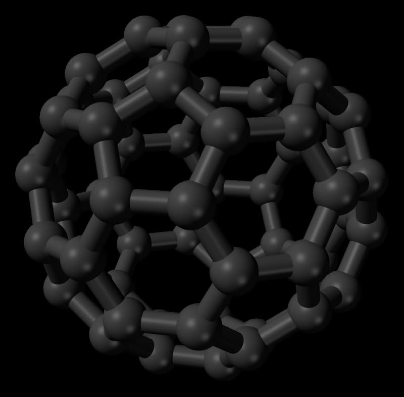 A ball-and-stick model of a C60 molecule: sixty carbon atoms arranged as a hollow football.