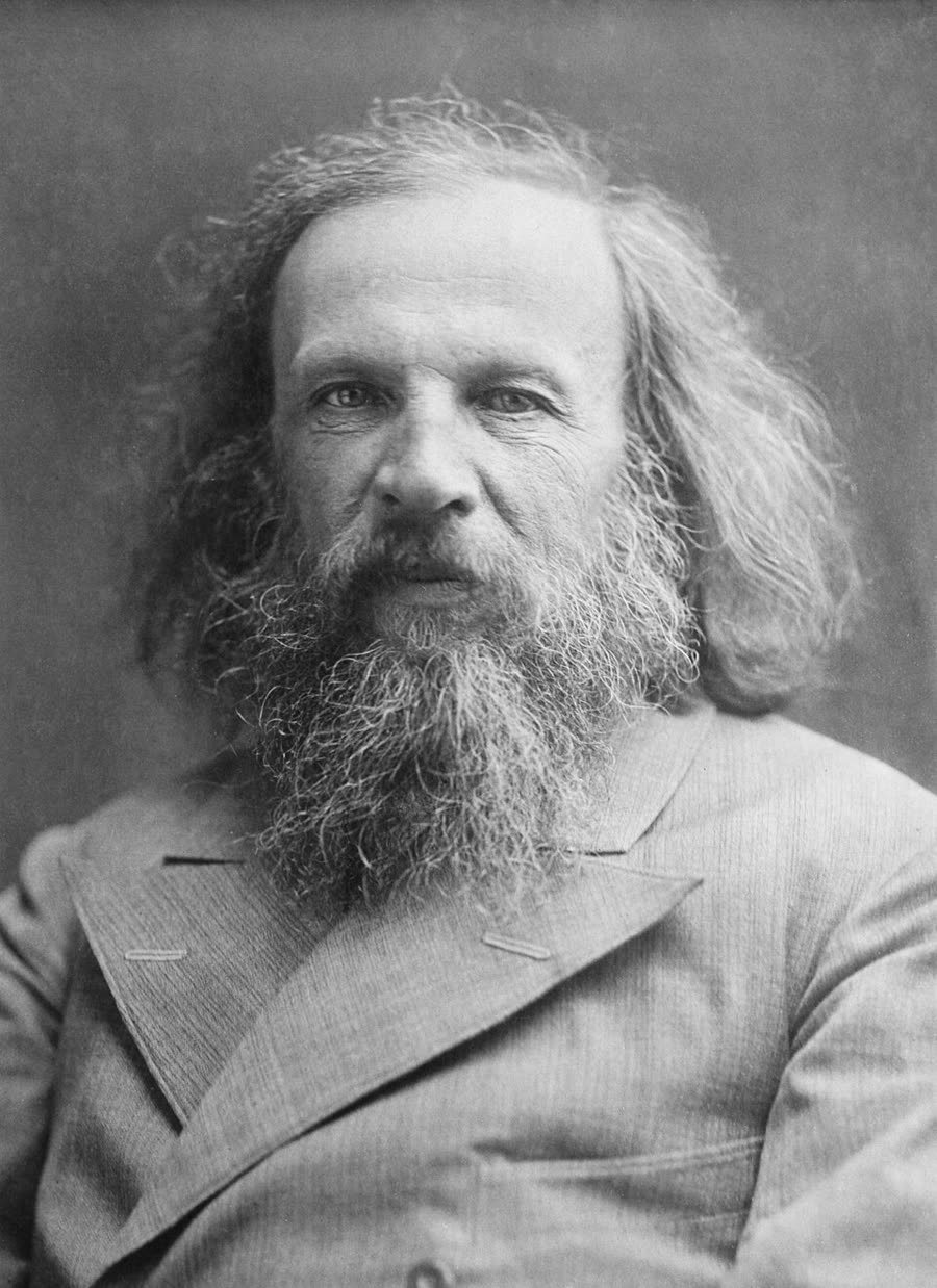 A photographic portrait of Dmitri Mendeleev, elderly, with a long beard and hair swept back, in a dark coat.