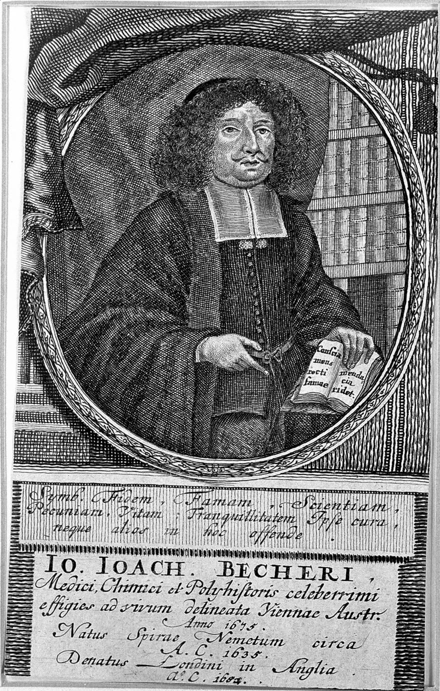 An engraved portrait of Johann Joachim Becher in seventeenth-century dress, in an oval frame.