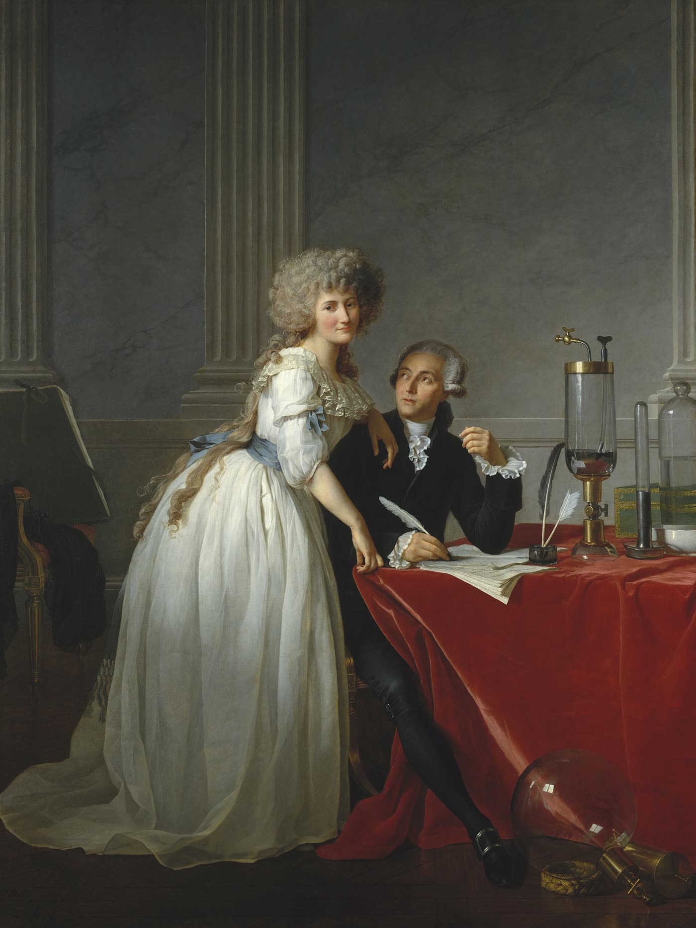 Jacques-Louis David’s 1788 portrait: Lavoisier seated at a red-draped table with a quill and papers, glass and brass apparatus beside him and a large glass balloon on the floor, Marie-Anne standing at his shoulder.