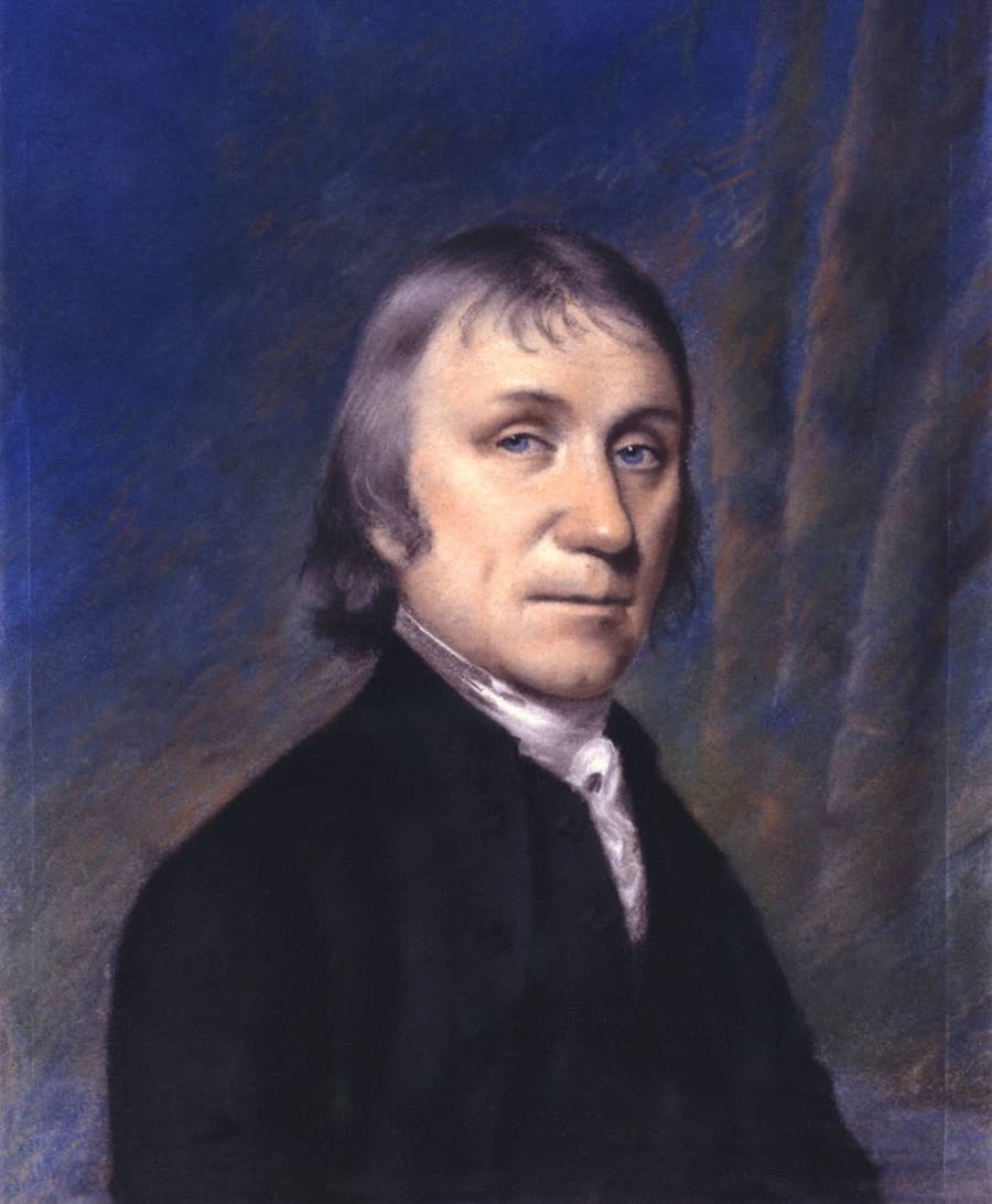 A pastel portrait of Joseph Priestley in later life, in a dark coat, facing slightly to the right.