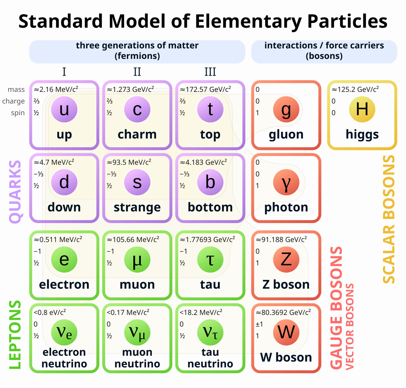 The Standard Model table: six quarks, six leptons, five bosons, arranged in columns by generation.