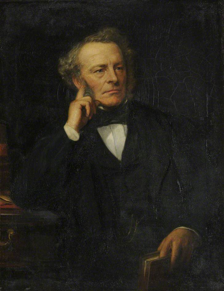 Painted portrait of George Gabriel Stokes seated at a desk.
