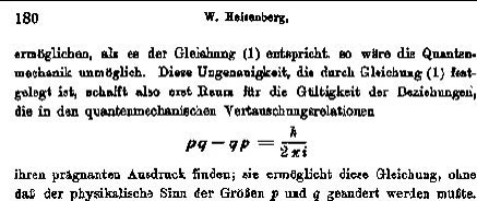 A line of typeset mathematics from Heisenberg’s 1927 paper, giving the commutation rule for position and momentum.