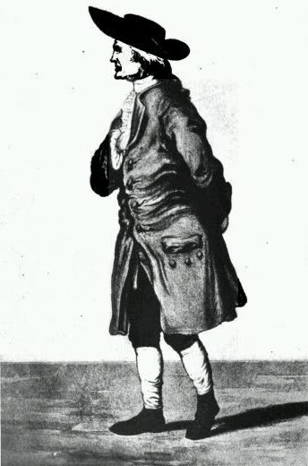 An engraved portrait of Henry Cavendish in a long coat and three-cornered hat, standing in profile.