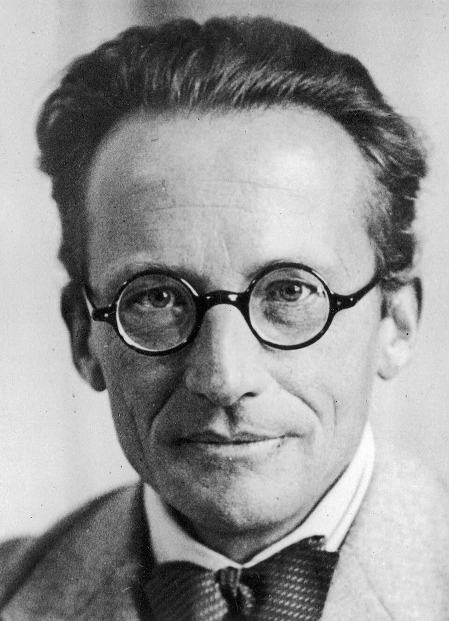 Erwin Schrödinger in a suit and bow tie, looking slightly away from the camera.